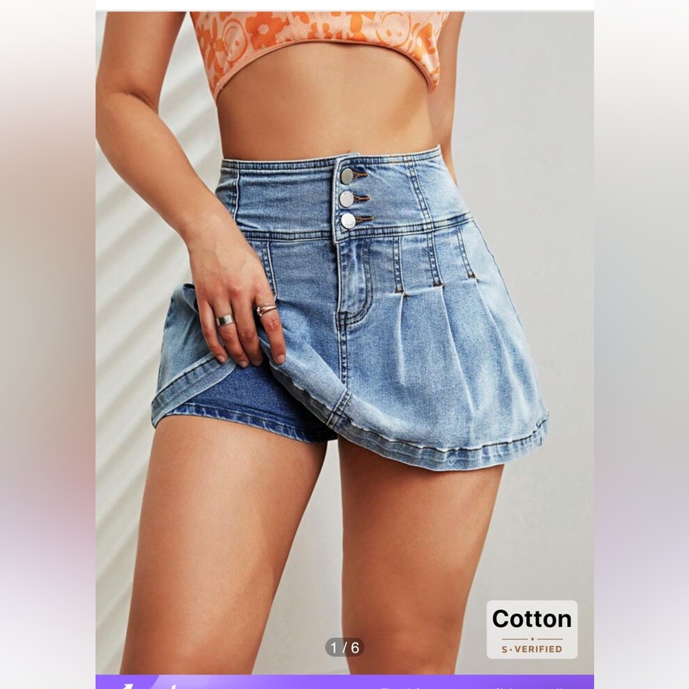 High Waisted Pleated Denim Skort